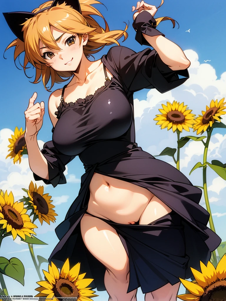 Kōsuke Fujishima style , Anime magazine pinup , clothed erotica , cat woman , wide hip , wide open summer dress , Sunflowers are blooming