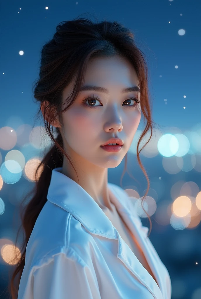 masterpiece、1 beautiful girl、Detailed eyes、Highest quality, 超High resolution, (reality: 1.4), Japanese、Asian Beauty、Korean、Super Beauty、Beautiful Skin、thin、Body facing forward、(Surreal)、(High resolution)、(8k)、(Very detailed)、(Beautiful and detailed)、(Very detailedな)、 (wallpaper)、Detailed face、Bright lighting、Professional Lighting、View your audience、Look straight ahead、The clothing is a beautiful white shirt and dress......、46 point diagonal bangs、Night view、Brown Hair、Nogizaka Idol、Korean Idol、Burning idol pose、、Age 25、expensive,