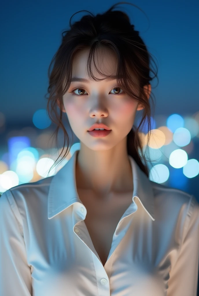 masterpiece、1 beautiful girl、Detailed eyes、Highest quality, 超High resolution, (reality: 1.4), Japanese、Asian Beauty、Korean、Super Beauty、Beautiful Skin、thin、Body facing forward、(Surreal)、(High resolution)、(8k)、(Very detailed)、(Beautiful and detailed)、(Very detailedな)、 (wallpaper)、Detailed face、Bright lighting、Professional Lighting、View your audience、Look straight ahead、The clothing is a beautiful white shirt and dress......、46 point diagonal bangs、Night view、Brown Hair、Nogizaka Idol、Korean Idol、Burning idol pose、、Age 25、expensive,