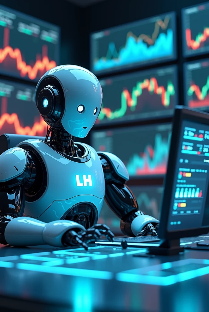 Futuristic robot operating the stock market, with LH letters on the chest, and with several monitors around him, with stock market graphics. The robot sitting at a table operating the stock market.
The robot typing. Robot facing forward with blue eyes. Friendly-faced robot. Lower the robot's eyes. Robot with a more mature appearance. Make the eyes smaller. 
More friendly and strong robot.