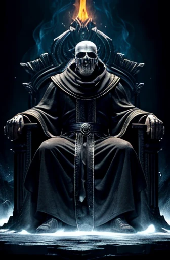 An all powerful being, born of darkness, sits on a fiery throne in hell, while spirts sink in the lava pools around him,  the man on his throne wears a black loincloth, his flesh melting down his face, his body afflicted by sickness and infections, his skin is melting, he screams in pain, his arms now skeletal, his skin hangs down, his skull is revealed, some of his skin is in pools of melted goop, he sits in the fetal position, he screams and cries. A host of horrific spirits with smoky skeletal features cling to the man on the throne, screaming as they relive the pain they felt when they died, the white, smoky spirits have barely human faces that are contorted and distorted in pain, a man stands beside the man on the throne, smiling and laughing, as his face begins to melt, still smiling though. Hell is dark behind the 2 men, like an ominous night sky. above the men are white clouds with a throne, where the king of the gods ((wears black and white robes, muscular, fatherly, looks like a priest, a judging face with a chiseled chin, sitting on a white throne above the man in hell))