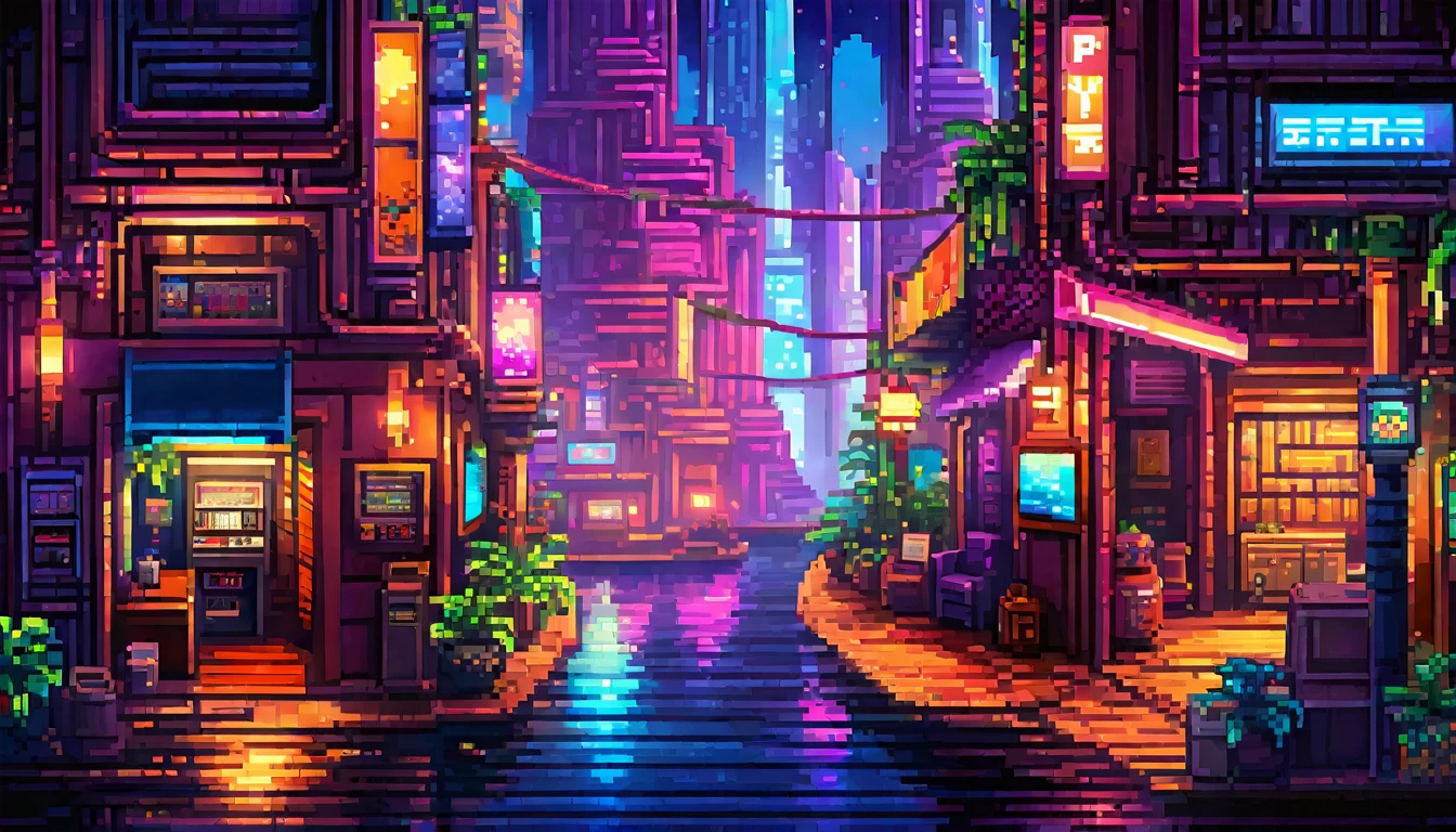 retro vintage game, classic 8-bit pixelated , guitar, futurista, super poderes,  video game, night, luzes de neon, Thu, detailed pixel art, detailed environmental elements, highly detailed pixel city design, beautiful vivid colors, Immersive atmosphere, small details, nostalgia, (best qualityer, swirly vibrant colors, 8k, high resolution, work of art:1.2),ultra detali,(realisitic,photorealisitic,photo-realisitic:1.4),studio lighting,extremely detailed pixel art,extremly detailed face and eyes,extremely detailed pixel textures,incredibly intricate pixel-level detail,striking colors,swirly vibrant colors,lush pixel environment