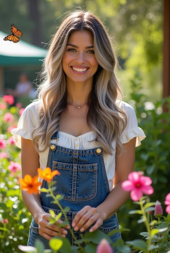 Alejandra Rodríguez, Miss Argentina. Make her hair a little more gray. A blouse and overalls, taking care of her garden 