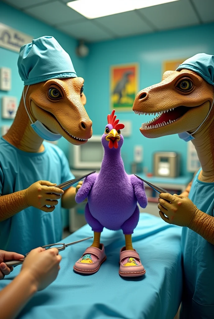 Generate an image where there are dinosaur doctors operating on a purple chicken wearing children's shoes