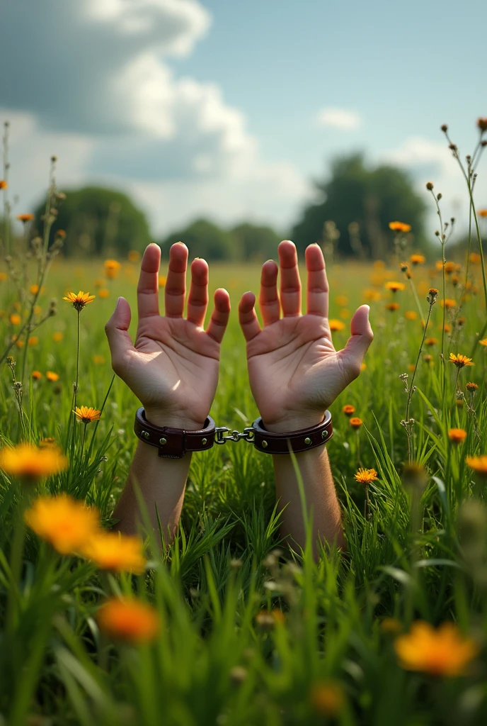 Two hands can be seen on a flat meadow, they are bound with leather handcuffs.