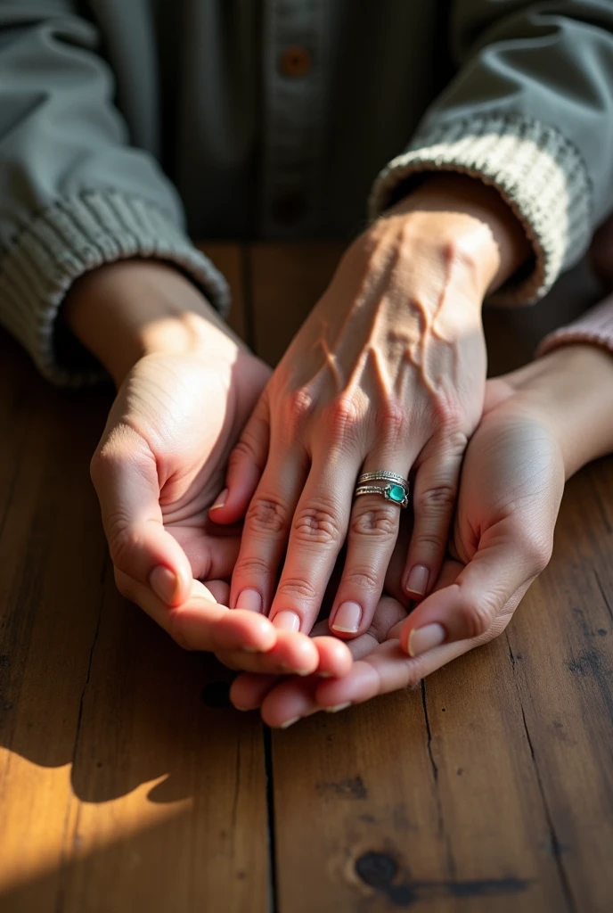 A close-up photo of a man's hands, a slender woman's hands, and a small child's hands arranged in a circle on a wooden table.
