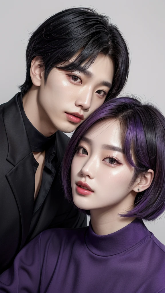 a close up of two people,male short hair, bold masculine and sassy and sexy female 👅 👅, wearing black outfits, jimin\'s plump lips, ulzzang, they are enemy lovers, kanliu666, couple pose, jia, sun yunjoo, jinyoung shin, profile pic, taejune kim, nixeu and sakimichan, & jeehyung lee & wlop, jaeyeon nam they are rivals, make them look bold, background lavender purple