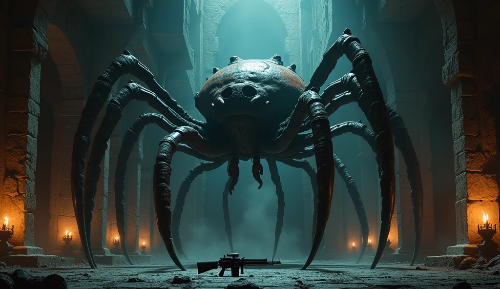 A Lovecraftian colossal god, crab/spider, in a dark temple, Very scary. A tiny machine gun on the ground makes the god look even more gigantic.