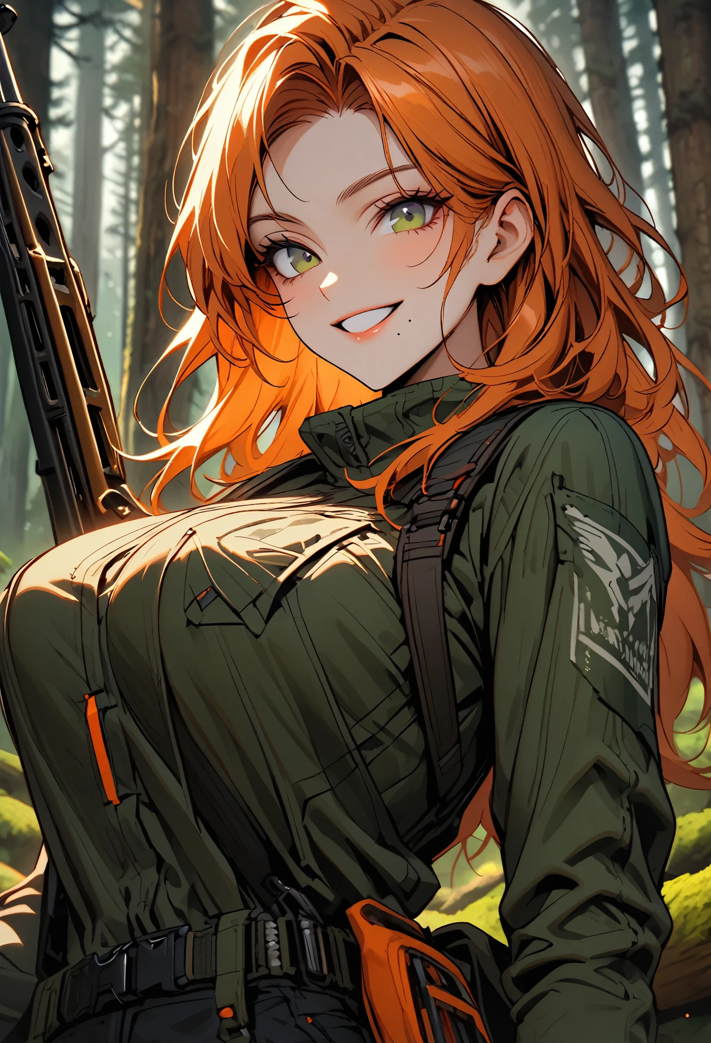 solo, female, close up, medium shot, forest, long orange hair, dark green eyes, mole under mouth, huge breasts, pine forest, outdoors gear, black jeans, feminine, tomboy, happy smile, day, adult, hunting rifle, huntress