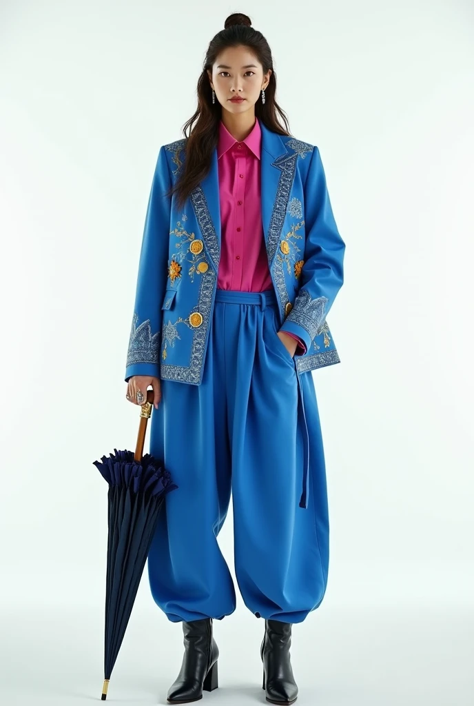 korean model girl wearing blue suit with lot of russian pattern ,fur ,((holding her vest in her hand)) , overr size pants , posing for photo , cinematic , white background , rings , high boots , pink shirt , full body , umbreala