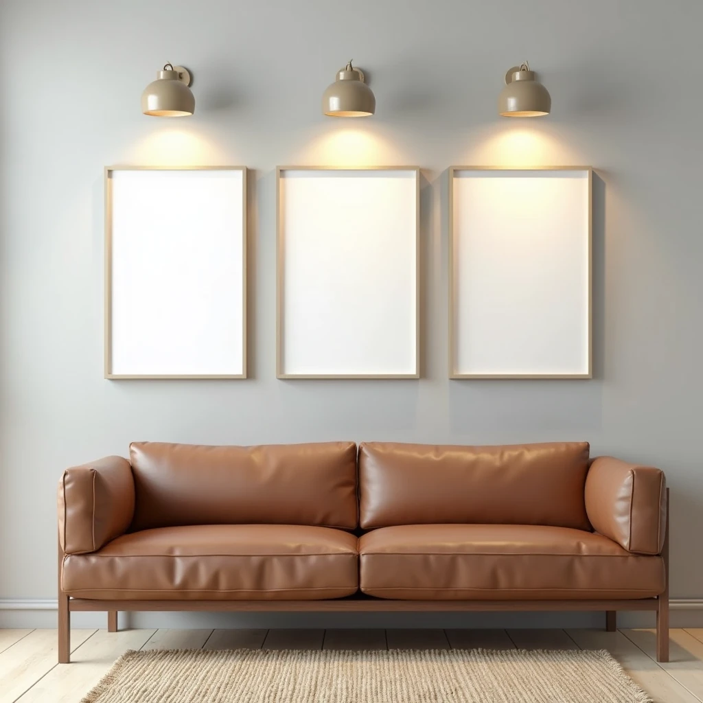 An interior room mockup showcasing a contemporary design with a simple brown couch placed against a light gray wall. Above the couch are three identical blank frames in A4 aspect ratio, evenly aligned, and illuminated by sleek wall-mounted spotlights. The scene includes a light wood floor and a minimalist rug, emphasizing the modern and clean aesthetic of the space