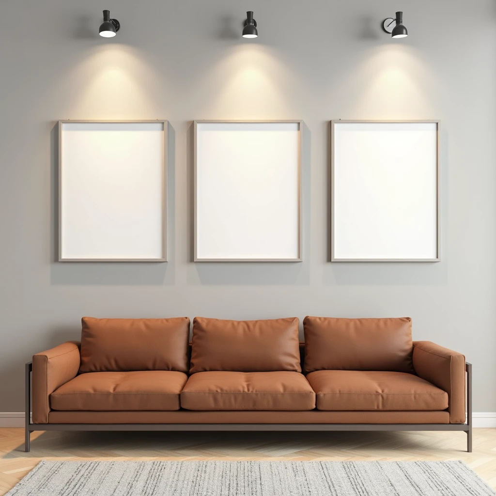 An interior room mockup showcasing a contemporary design with a simple brown couch placed against a light gray wall. Above the couch are three identical blank frames in A4 aspect ratio, evenly aligned, and illuminated by sleek wall-mounted spotlights. The scene includes a light wood floor and a minimalist rug, emphasizing the modern and clean aesthetic of the space