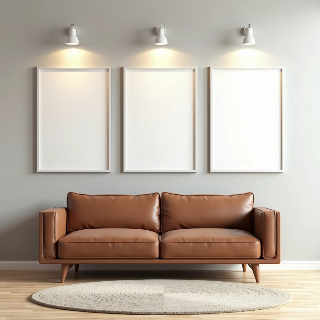 An interior room mockup showcasing a contemporary design with a simple brown couch placed against a light gray wall. Above the couch are three identical blank frames in A4 aspect ratio, evenly aligned, and illuminated by sleek wall-mounted spotlights. The scene includes a light wood floor and a minimalist rug, emphasizing the modern and clean aesthetic of the space