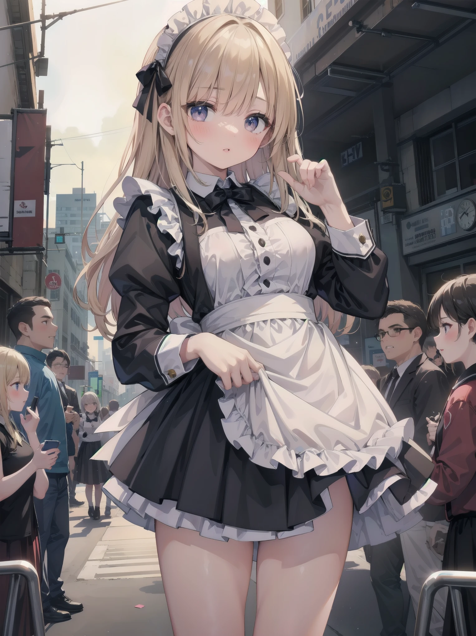 Highly detailed CG Unity 8k wallpaper, Top quality, Highly detailed, Masterpiece, Highly detailed pretty girl, , (((lifting skirt by herself))), (lifting skirt by herself)), dynamic angles, sexy pose, blush, lips apart, looking at audience, half body shot, (crowd), (crowded big city)), hair over one eye, immaculate beauty, less revealing maid outfit, classical maid fashion