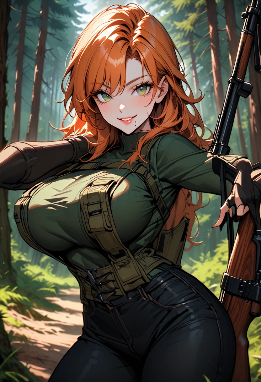 solo, female, close up, medium shot, forest, long orange hair, dark green eyes, mole under mouth, huge breasts, pine forest, outdoors gear, black jeans, feminine, tomboy, happy smile, day, adult, hunting rifle, huntress, pinup pose