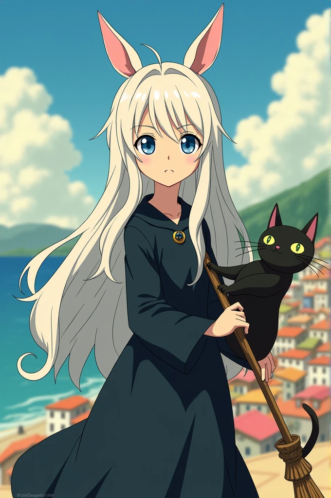 Personnage de kiki la  sorcière, , cheveux long jusqu'aux dessus des genoux, cheveux ondulés, cheveux blanc, yeux bleus, cil et sourcil blanc, peau claire, corp fin, robe mignonne de sorcière (pas de chapeau), balais de sorcière, chat noir aux yeux vert, corps en entier et debout (dans le style de dessin ghibli du film d'animation kiki la sorcière)
