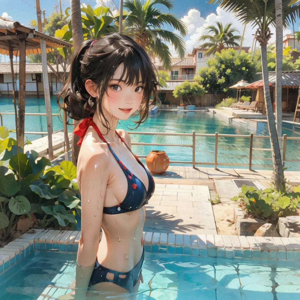 ((highest quality, masterpiece, High resolution)), ((reality)),Photos of beautiful Japanese women,((anime art))、 (((1 girl))), normal size breasts, slim body shape, long ponytail,double eyelid, Wet see-through bikini, A pareo with bold ethnic patterns and plenty of primary colors、(Brown skin:1.4),realistic skin、Wet,whole body,cinematic light、tropical、Against the background of palm trees on both sides、on a sunny beach、With the sea in the background、blur background、smile