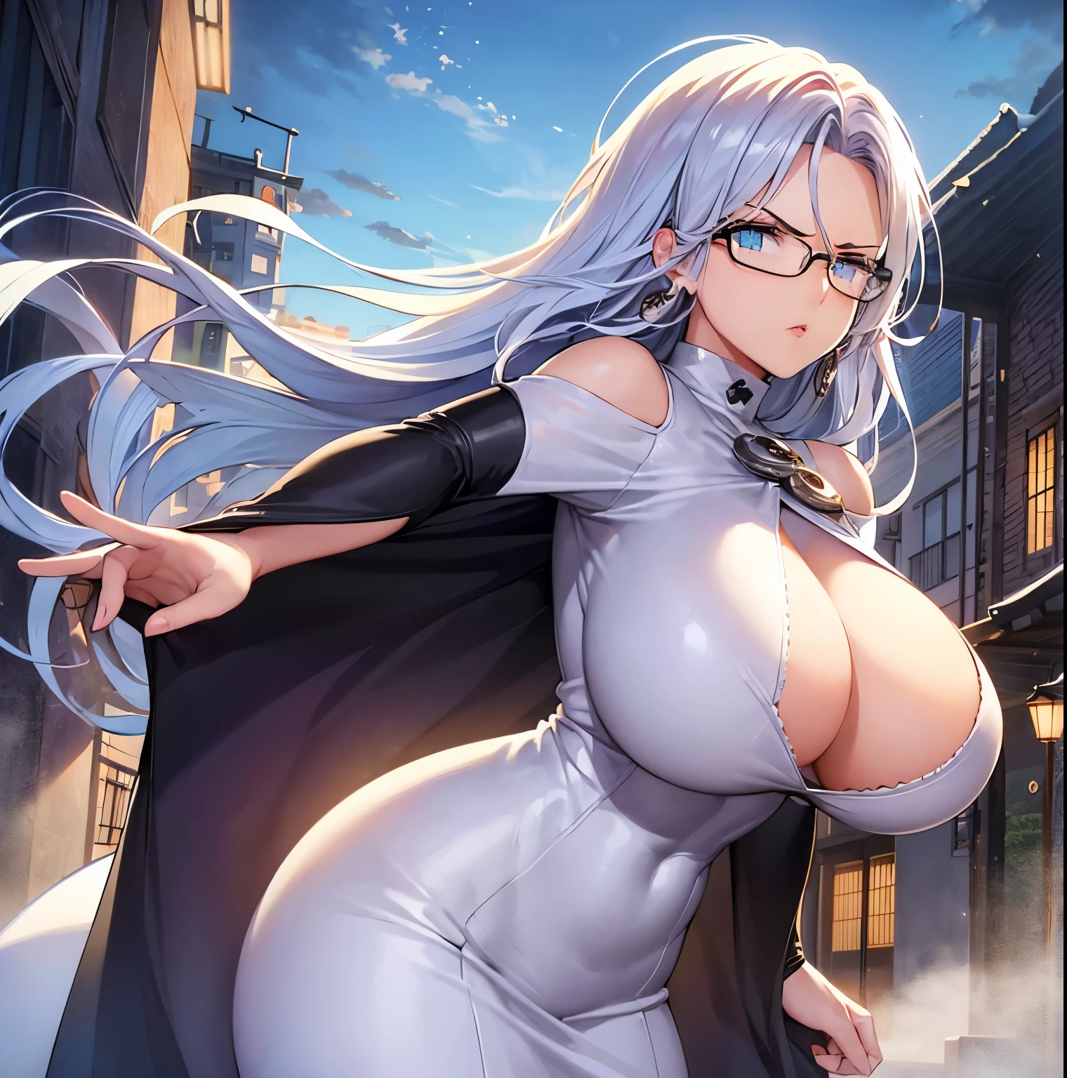 ((1girl)),((alone)),psykos (one punch man),(masterpiece), (best quality), (ultra detailed), (best illustration), (best shadow), (absurdities), sharp focus , cowboy shot, atmospheric perspective, depth of field, dynamic posture looking at the viewer, big breasts, narrow waist, wide hips, wide thighs, round butt, erotic, romantic, (very detailed eyes, lips 1.1), very detailed eyes, eyes, Very detailed face, Very beautiful face, Symmetrical face, Aesthetic face, perfect face, perfect eyes, detailed eyelashes: 1.5), full height, beautiful slim figure, femininity, expressive appearance, elastic big breasts, sexuality, mature woman, hair cyan, wavy hair, very long hair, glasses, earrings, white dress, brooch, underbust, long dress, tight dress, bridal gloves, black elbow-length gloves, glare, full body, hand on hip, curves , defined body, Perfect and beautiful body, perfect and beautiful, closed mouth, neutral expression, serious face, blushing, (sexy pose: 1.2), ((solo)), standing: 1.3, ((Japanese style house, exterior, landscape urban, streets, city, light reflection, clouds, sunny)), looking forward, ((focus on breasts)), point of view: (from middle), perfect anatomy, perfect hands