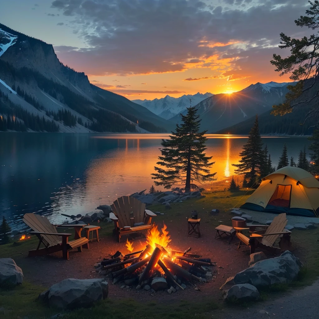 there is a campfire in the middle of a lake with mountains in the background, warm beautiful scene, peaceful environment, campfire background, all in the amazing outdoors view, beautiful environment, camp fire, setting in nature, beautiful setting, beautifully lit landscape, beautiful place, relaxing environment, summer lake setting, epic scenic shot, campfire in background, fire lit, epic beautiful landscape