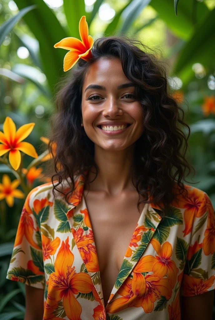 A Brazilian woman in a lush tropical garden, wearing an open shirt with a floral print, with a close-up capturing the harmonious beauty between her breasts and the natural flowers, showing off your natural charm and outgoing personality.