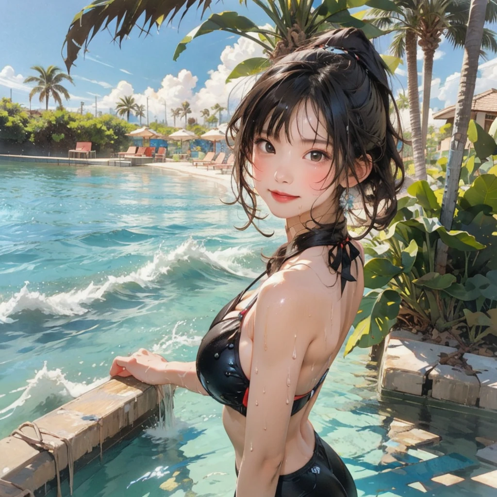 ((highest quality, masterpiece, High resolution)), ((reality)),Photos of beautiful Japanese women,((anime art))、 (((1 girl))), normal size breasts, slim body shape, long ponytail,double eyelid, Wet see-through bikini, A pareo with bold ethnic patterns and plenty of primary colors、(Brown skin:1.4),realistic skin、Wet,whole body,cinematic light、tropical、Against the background of palm trees on both sides、on a sunny beach、With the sea in the background、blur background、smile