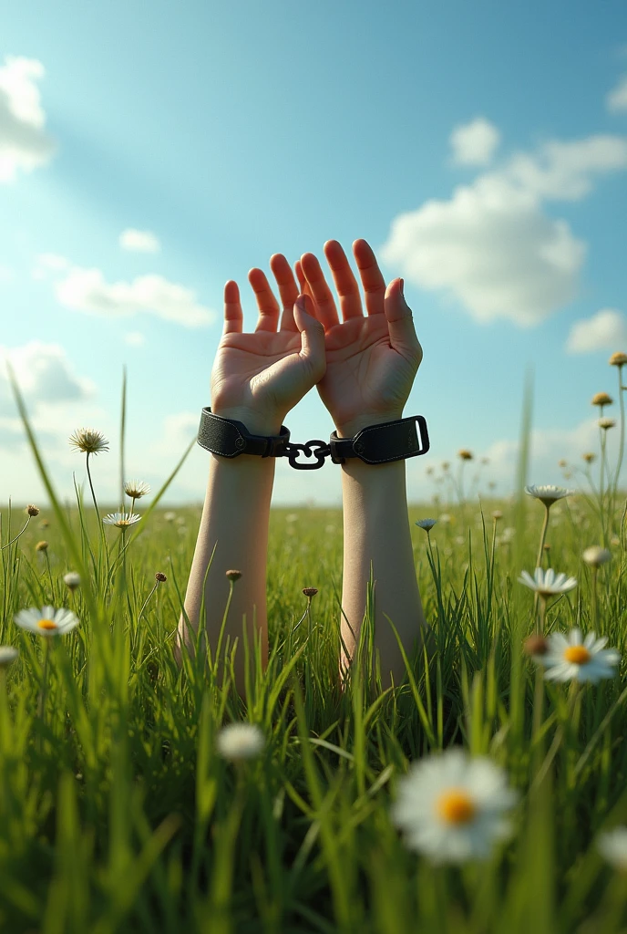 2 hands can be seen tied with 3 cm wide black leather handcuffs on a meadow during the day