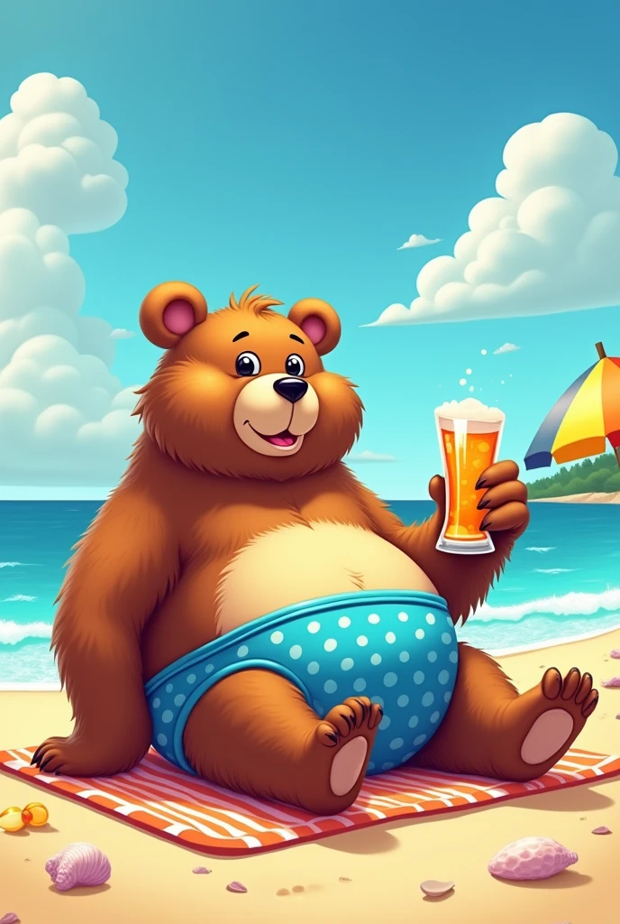 A bear on a beach sunbathing in a swimsuit drinking beer