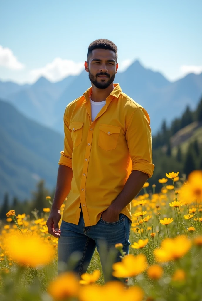 Handsome dark tan man crew cut hair, wearing  yellow shirt and jeans, standing on a hill, yellow cosmos, mountains on the background, blue sky in the morning 