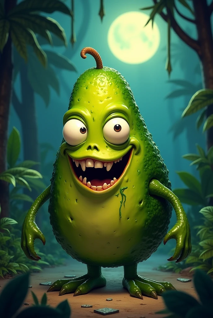 Turn an avocado into a 2D animated character with monster features, give it a scary or peculiar look by adding details like fangs., claws, eyes
large, etc. 
