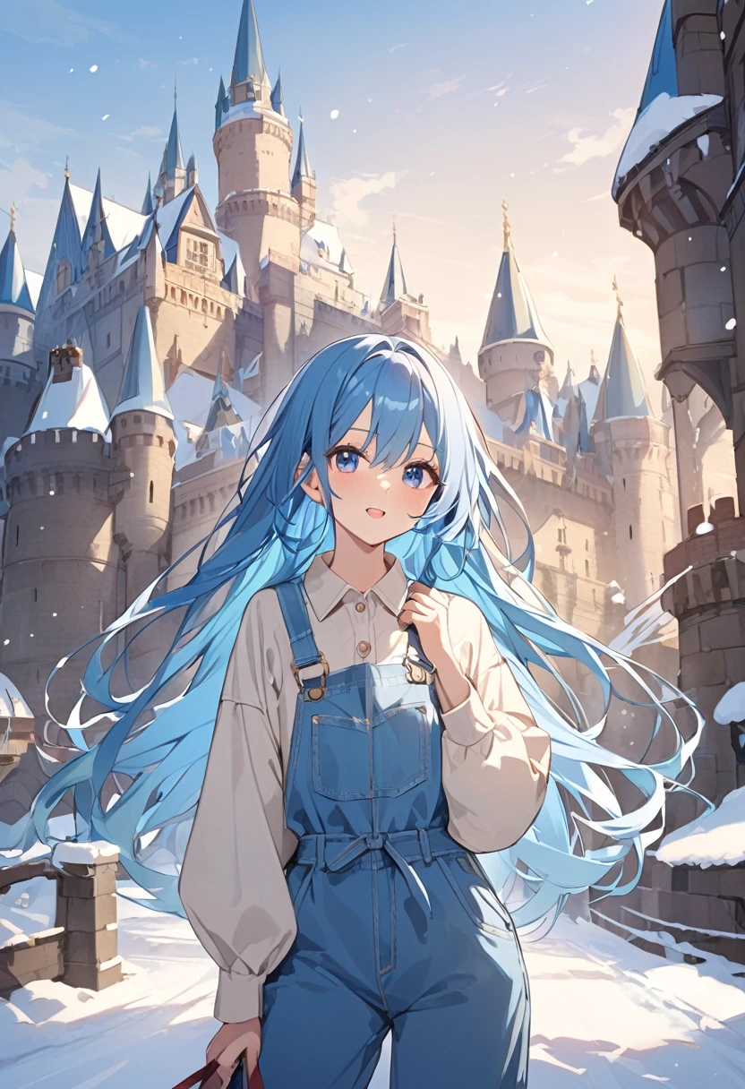 woman、Blue Hair、long hair、snow、Castle、Overall blue