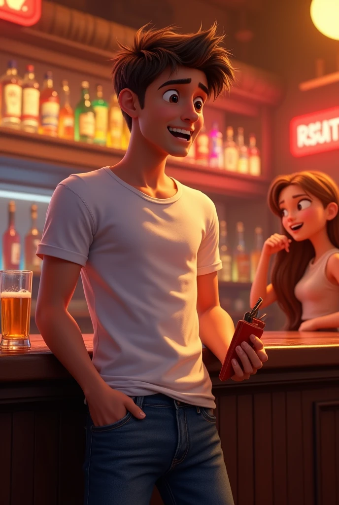 A young man with white t-shirt and jeans pulling his wallet from his pocket in a bar , pixar style, cinematic, masterpiece, high-aesthetic, realistic 
