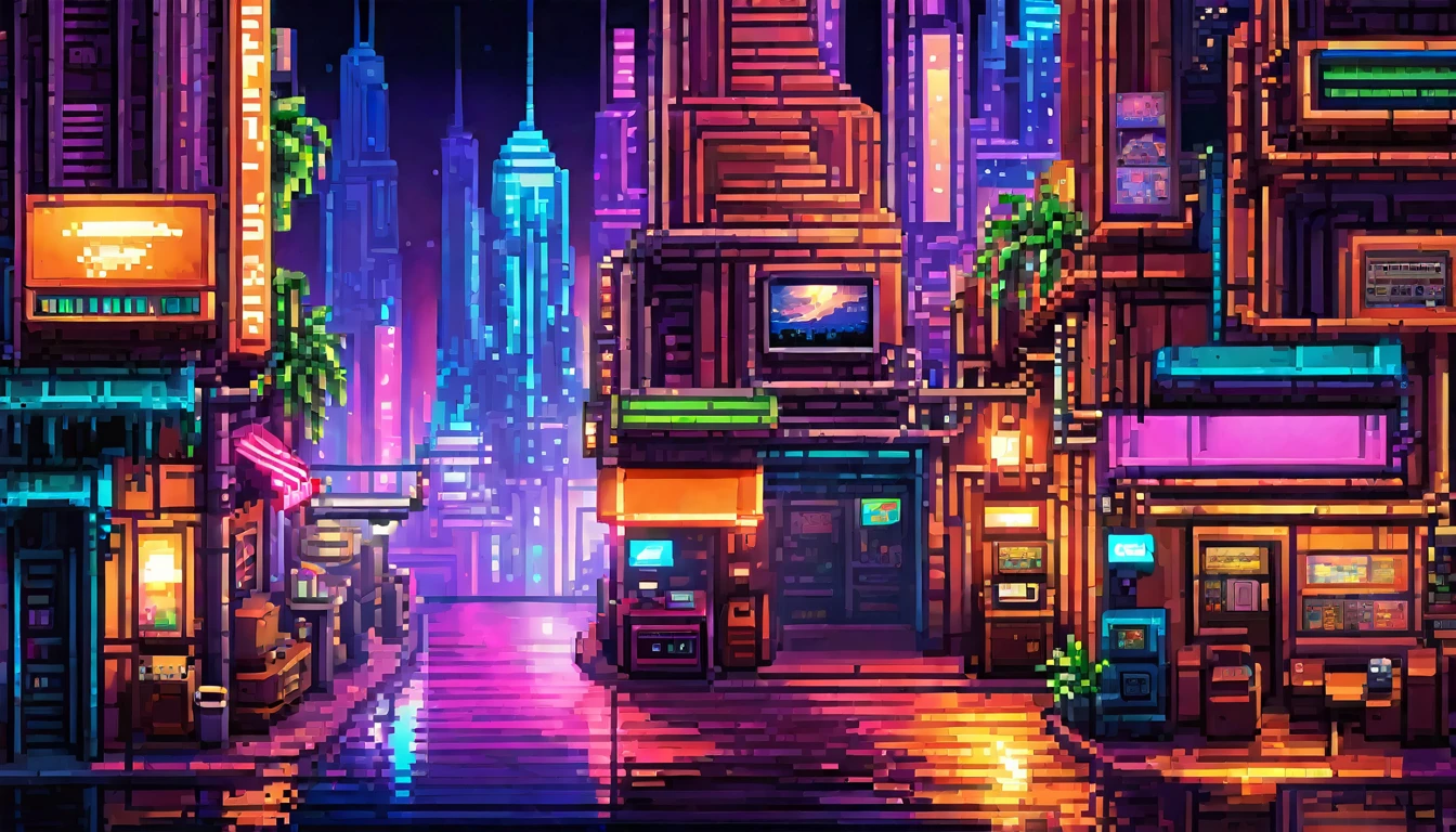 retro vintage game, classic 8-bit pixelated , guitar, futurista, super poderes, video game, night, luzes de neon, Thu, detailed pixel art, detailed environmental elements, highly detailed pixel city design, beautiful vivid colors, Immersive atmosphere, small details, nostalgia, (best qualityer, swirly vibrant colors, 8k, high resolution, work of art:1.2),ultra detali,(realisitic,photorealisitic,photo-realisitic:1.4),studio lighting,extremely detailed pixel art,extremly detailed face and eyes,extremely detailed pixel textures,incredibly intricate pixel-level detail,striking colors,swirly vibrant colors,lush pixel environment