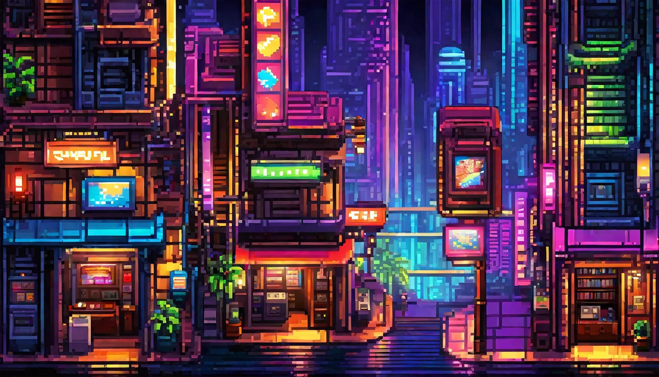 retro vintage game, classic 8-bit pixelated , guitar, futurista, super poderes,  video game, night, luzes de neon, Thu, detailed pixel art, detailed environmental elements, highly detailed pixel city design, beautiful vivid colors, Immersive atmosphere, small details, nostalgia, (best qualityer, swirly vibrant colors, 8k, high resolution, work of art:1.2),ultra detali,(realisitic,photorealisitic,photo-realisitic:1.4),studio lighting,extremely detailed pixel art,extremly detailed face and eyes,extremely detailed pixel textures,incredibly intricate pixel-level detail,striking colors,swirly vibrant colors,lush pixel environment