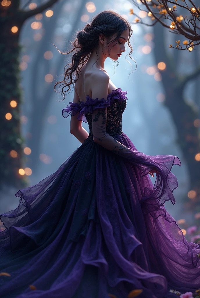 Illustration of black and purple formal wear with various arabesques, fluttering fabrics, Fantasy Theme 
