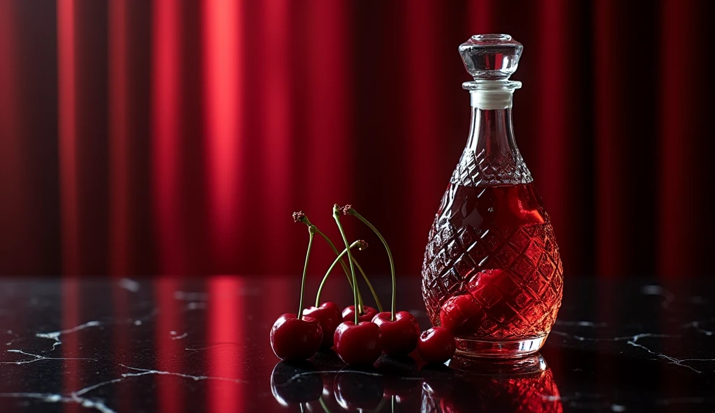 create a glass bottle for a cherry liqueur company, the name is: Cherry Rubi. The must transmit: elegance sophistication.a glass of liqueur with a red liquid and some cherries at the bottom. on a black table. ultra realisitic. What should convey: elegance, sophistication.