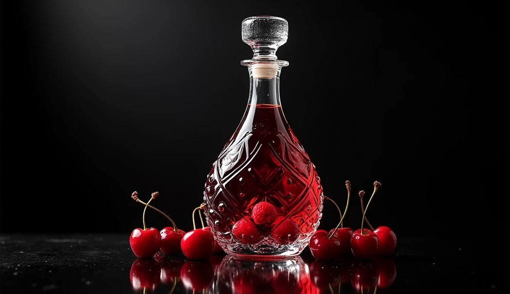 create a glass bottle for a cherry liqueur company, the name is: Cherry Rubi. The must transmit: elegance sophistication.a glass of liqueur with a red liquid and some cherries at the bottom. on a black table. ultra realisitic. What should convey: elegance, sophistication.