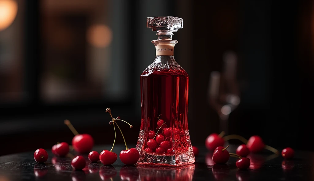 create a glass bottle for a cherry liqueur company, the name is: Cherry Rubi. The must transmit: elegance sophistication.a glass of liqueur with a red liquid and some cherries at the bottom. on a black table. ultra realisitic. What should convey: elegance, sophistication.