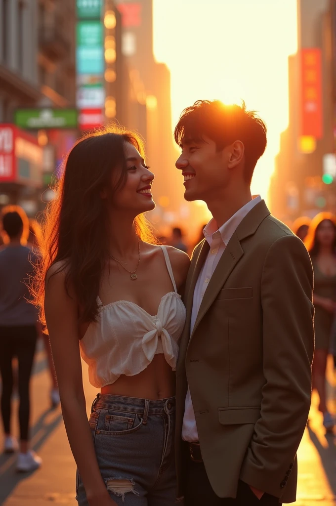 The cover image must depict a young couple (man and woman), the protagonists of the story, in a contemporary urban setting, maybe on a busy street in a big city at night. They are holding each other intimately and lovingly, looking at each other with expressions of happiness and genuine connection. The man, with dark hair and a gentle smile, wear a casual shirt and jeans, while the woman, with long, loose hair, gently hold his face, revealing tenderness and admiration in your eyes. Ao fundo, Illuminated buildings and lights from moving cars add a dynamic, modern ambiance to the scene, symbolizing the urban context of the story. The color palette should be soft and warm, with dark blue and violet tones in the night sky, contrasting with the warmer tones of the city lights and character details.