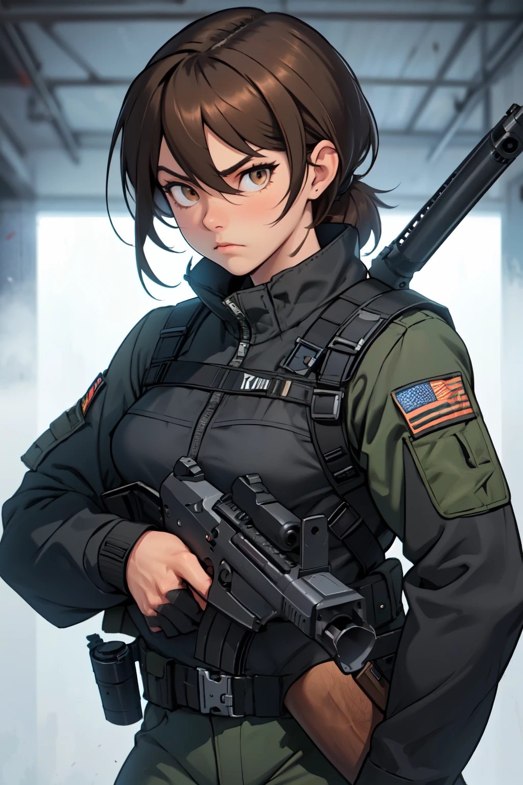 a woman in a white outfit holding a rifle and wearing headphones, 24-year-old woman, Filipino woman, tan bronze skin, soldier girl, mechanized soldier girl, military girl, beautiful female soldier, female lead character, infantry girl, of a sniper girl in war, solo female character, future combat gear, close up half body shot, Women in crop top military bulletproof vest, showing navel, quiet from metal gear solid v, wearing tactical gear, dressed in tactical armor, (aiming rifle)