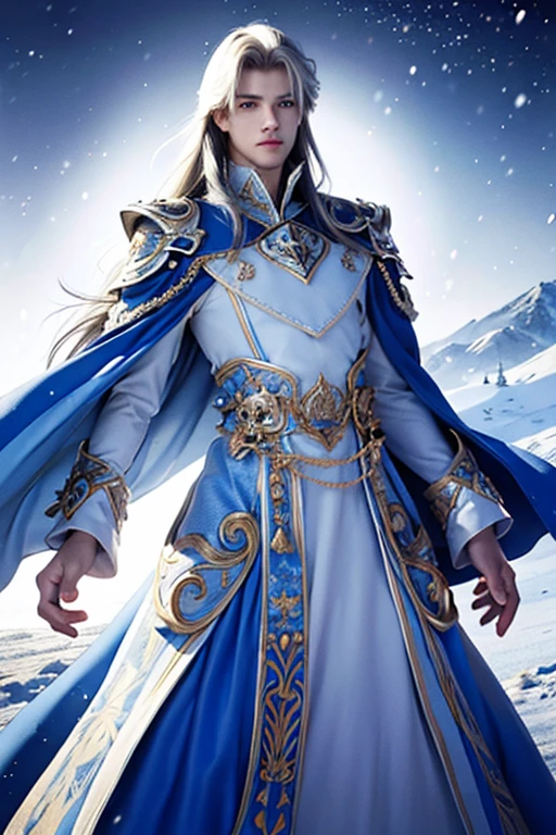 The guy is 23 years old , tall , white long hair , blue eyes , prince's clothes with a snow ornament , a blue cloak , next to the guy there is a big white fox , the fox has blue eyes , detailed , detailed , 64k , high quality , correct anatomy , correct eyes ,