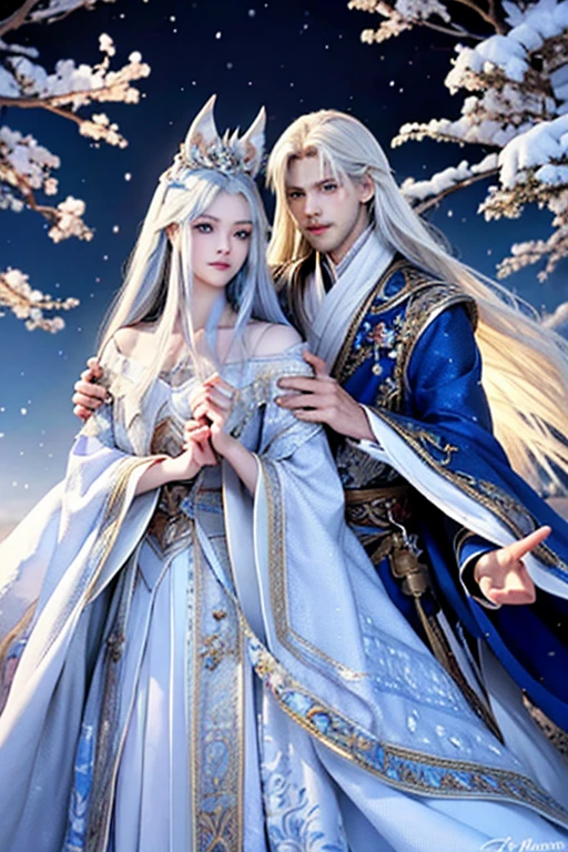 The guy is 23 years old , tall , white long hair , blue eyes , prince's clothes with a snow ornament , a blue cloak , next to the guy there is a big white fox , the fox has blue eyes , detailed , detailed , 64k , high quality , correct anatomy , correct eyes ,
