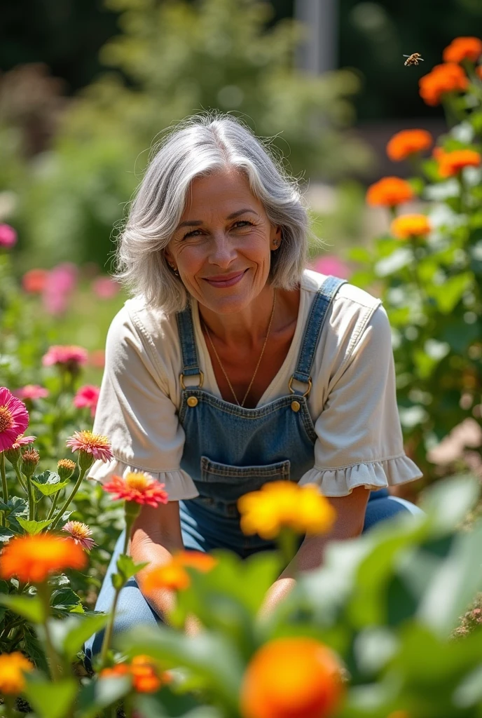 Alejandra Rodríguez, Miss Argentina. Make her hair a little more gray. A blouse and overalls, taking care of her garden, Make her slightly older and with a shy smile 