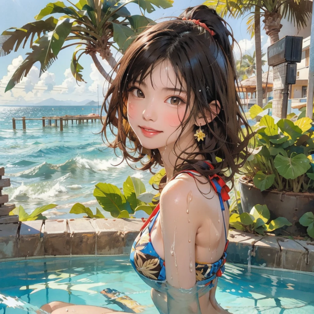 ((highest quality, masterpiece, High resolution)), ((reality)),Photos of beautiful Japanese women,((anime art))、 (((1 girl))), normal size breasts, slim body shape, long ponytail,double eyelid, Wet see-through bikini, A pareo with bold ethnic patterns and plenty of primary colors、(Brown skin:1.4),realistic skin、Wet,whole body,cinematic light、tropical、Against the background of palm trees on both sides、on a sunny beach、With the sea in the background、blur background、smile