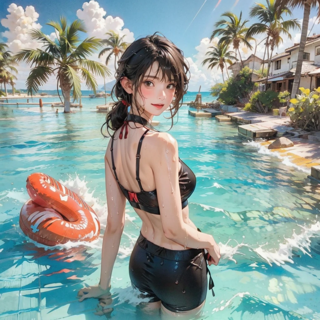 ((highest quality, masterpiece, High resolution)), ((reality)),Photos of beautiful Japanese women,((anime art))、 (((1 girl))), normal size breasts, slim body shape, long ponytail,double eyelid, Wet see-through bikini, A pareo with bold ethnic patterns and plenty of primary colors、(Brown skin:1.4),realistic skin、Wet,whole body,cinematic light、tropical、Against the background of palm trees on both sides、on a sunny beach、With the sea in the background、blur background、smile
