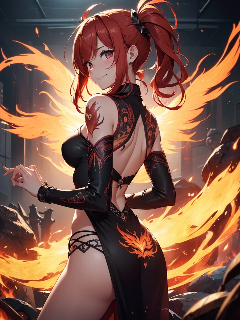 (((best quality, sharp image, clear image, cinematic lighting, 8k resolution, masterpiece, ultra detailed, intricate))) Girl, (((looking over left shoulder))), (shot from behind), ((shot from hip up)), fiery red hair, pigtails, ((intricate black dress)), ((flaming sigils, flaming runes)), spiky rock formations, (flaming lotus flowers frame), (intricate background), (chaotic background), (busy background), ((Phoenix)), (swirling flames), smiling,tatoo on back