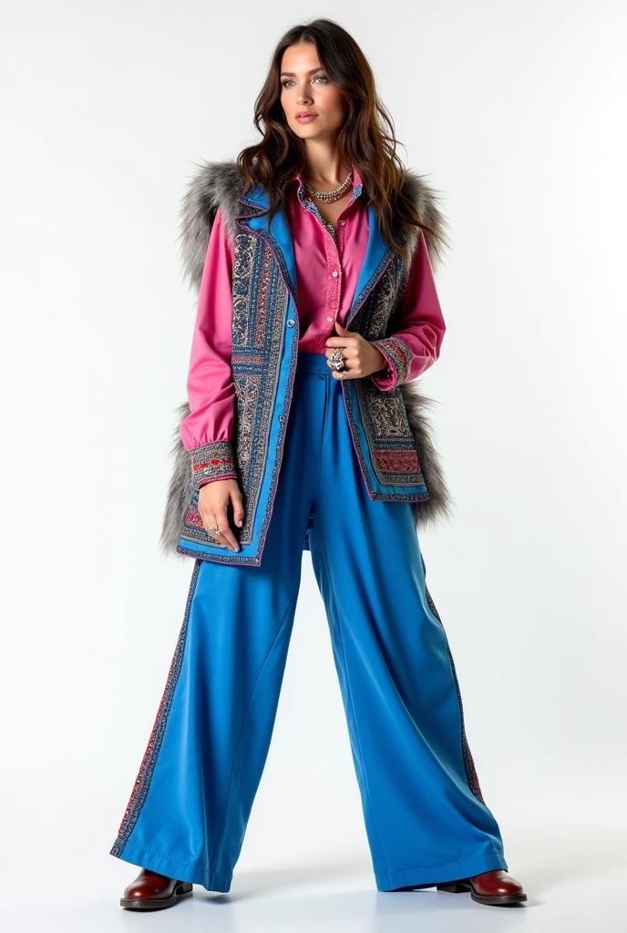 russia model girl wearing blue suit with lot of russian pattern ,fur ,((holding her vest in her hand)) , overr size pants , posing for photo , cinematic , white background , rings , high boots , pink shirt , full body , umbreala