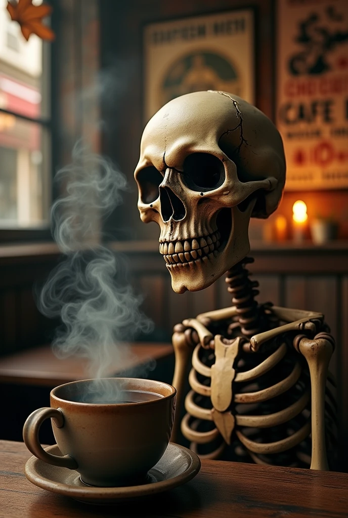 a skull drinking coffee
