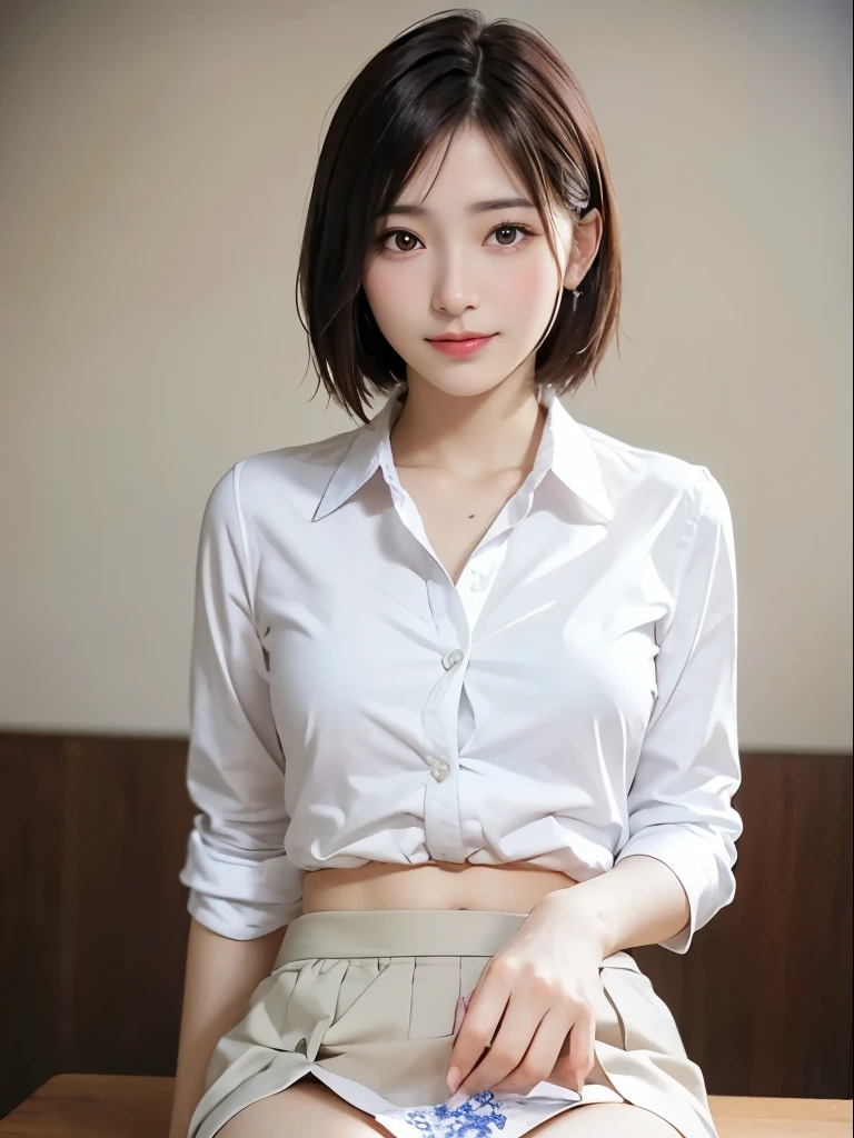 ((of the highest quality, 8K, masutepiece: 1.3, Raw photo)), Sharp Focus: 1.2, (1 AESPA Girl :1.1), Solo, (Realistic, Photorealistic: 1.37), (Face Focus: 1.1), Cute face, hyperdetailed face, Short messy hair, Small Smile, slender, (White Button Down Shirt, Skirt: 1.2), Sitting Office Room, (Show panties:1.1), From below, blooming flowers