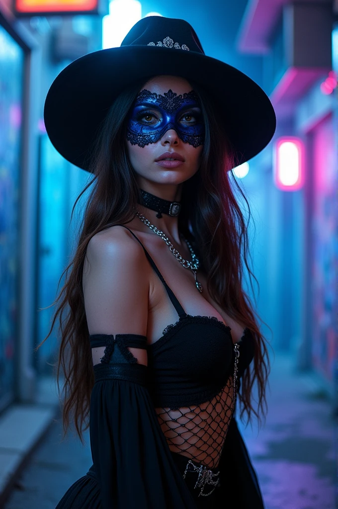 style there is like trap hip-hop gothic anime brunette brown eyes gothic style with hat and dark blue mask 