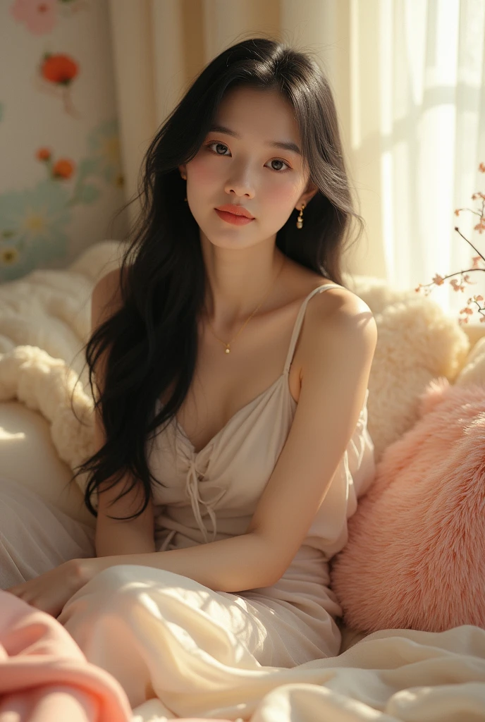 Draw a asian girl sitting on bed wearing no clothes